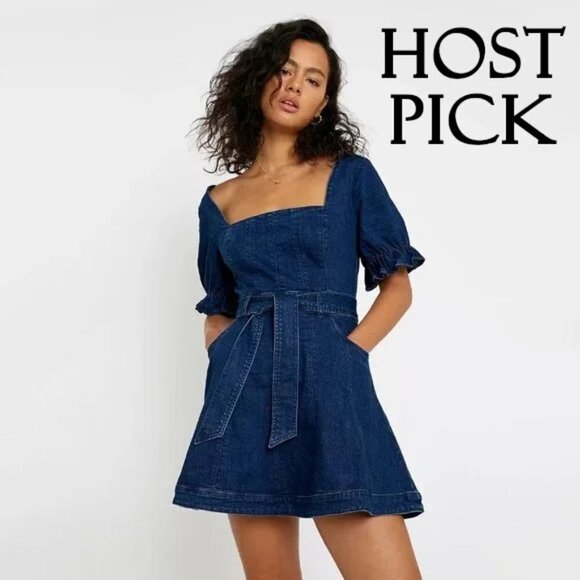NWT Finders Keepers dark blue wash denim puff sleeve belted mini dress - Picture 2 of 12